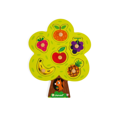 Puzzle de madeira em forma de árvore com peças de frutas coloridas