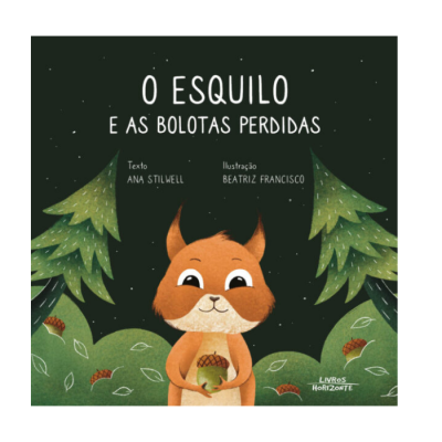 Capa de livro infantil com um esquilo e bolotas
