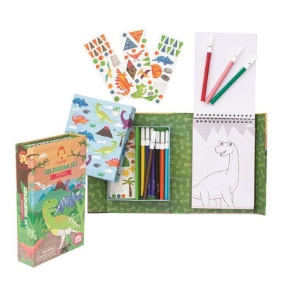 Conjunto de colorir infantil tema dinossauros com lápis, canetas, folhas e autocolantes coloridos