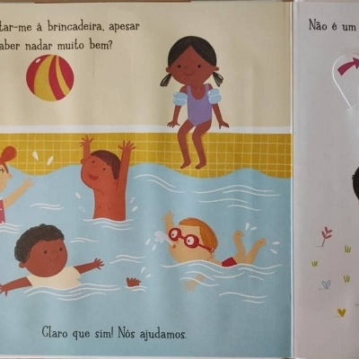 Ilustração de crianças a nadar numa piscina e texto em português
