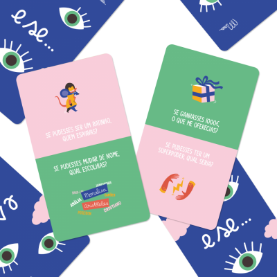 Cartas de perguntas de jogo com ilustrações divertidas e texto em português