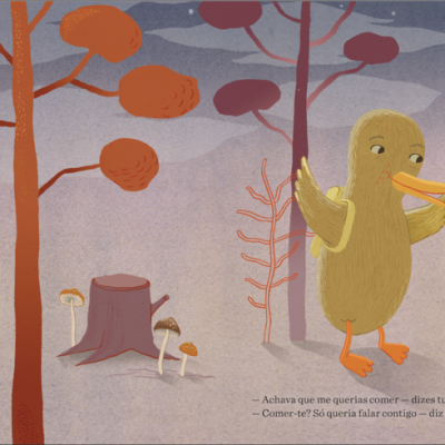 Ilustração de personagens animais e natureza no bosque outonal