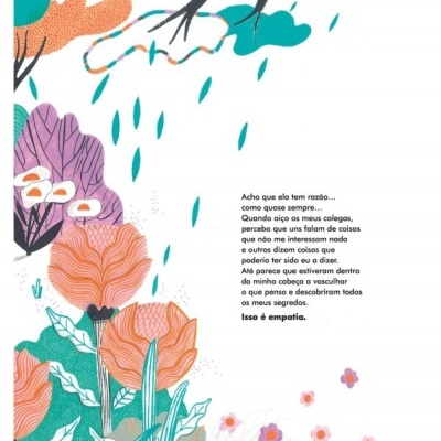 Ilustração colorida de flores e folhas com texto em português no centro direito