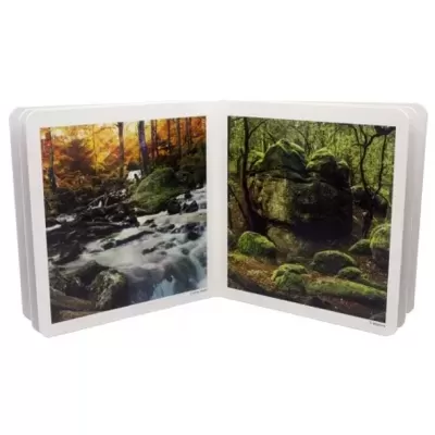 Livro com fotografias da natureza de um ribeiro e uma floresta com rochas