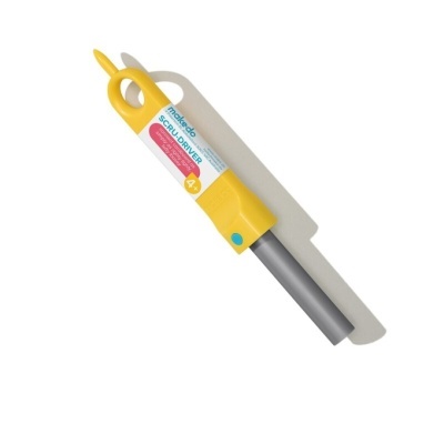 Afiador de ferramentas amarelo e cinza com rótulo em fundo branco