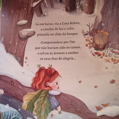 Página de livro infantil com ilustração de menina na floresta e texto em português.