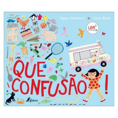 Capa de livro 'QUE CONFUSÃO!' com várias ilustrações coloridas sobre fundo azul claro