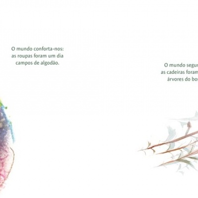 Ilustração de duas personagens em aquarela com texto em português