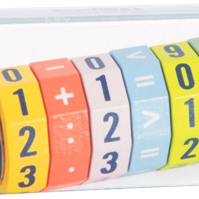 Brinquedo educativo em cilindro colorido com números e símbolos em caixa de embalagem