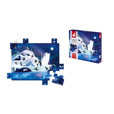 Puzzle infantil Janod com urso polar e pinguins sobre fundo azul estrelado