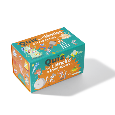 Caixa de jogo Quiz de ciências e invenções colorida e ilustrada
