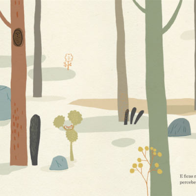 Ilustração de floresta com árvores, pedras, arbustos e texto em português