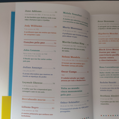 Página colorida de livro com texto biográfico sobre figuras históricas e ativistas.