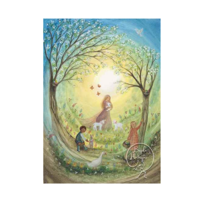 Ilustração com árvores floridas, crianças, ovelhas e pomba num ambiente natural