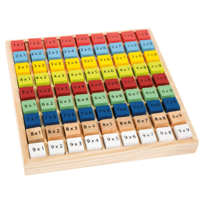 Jogo educativo de madeira com blocos coloridos numerados de multiplicação