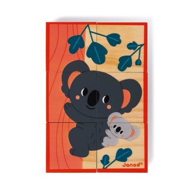 Quebra-cabeças de madeira com imagem de dois coalas e logo Janod
