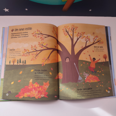 Livro infantil ilustrado aberto mostrando a estação do outono com textos e ilustrações de uma árvore, raposa, folhas e uma criança com ancinho.