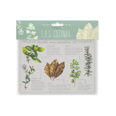 Papelaria com ilustrações de ervas aromáticas e texto em português