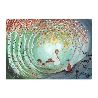 Ilustração de menina a dançar ao lado de cogumelos e raposa numa floresta colorida