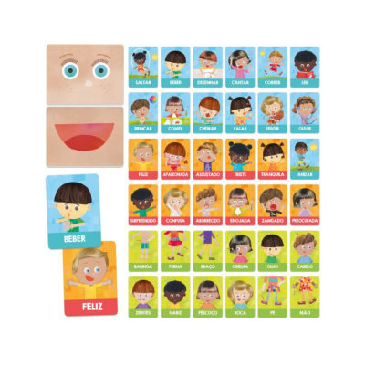 Cartas ilustradas educativas em português com ações, emoções e partes do corpo para crianças.