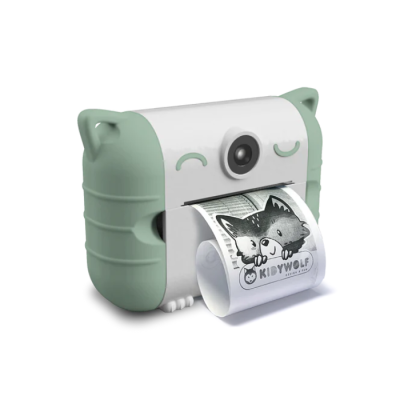 Impressora térmica portátil verde e branca em forma de animal a imprimir papel.