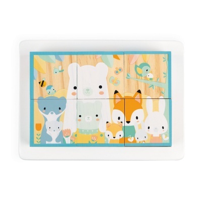Puzzle infantil de madeira com animais cartoon em cores pastel e moldura branca