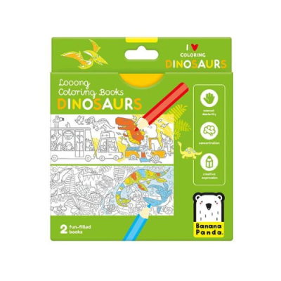 Livro para colorir de dinossauros com embalagem verde e lápis de cor vermelho e azul