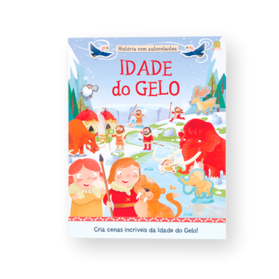 Capa colorida de livro infantil 'Idade do Gelo' com ilustrações de personagens e mamutes da era do gelo