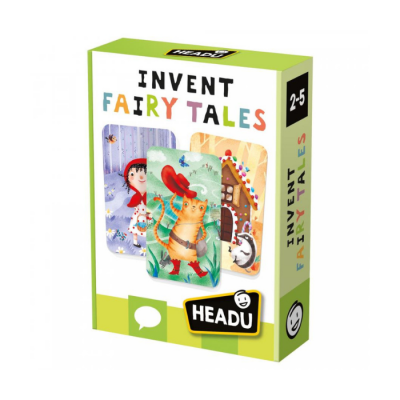 Caixa do jogo INVENT FAIRY TALES da marca HEADU com ilustrações coloridas de personagens de contos de fadas