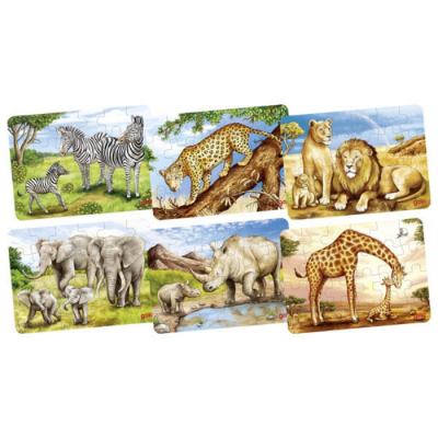 Conjunto de puzzles com imagens de animais selvagens em estado natural.