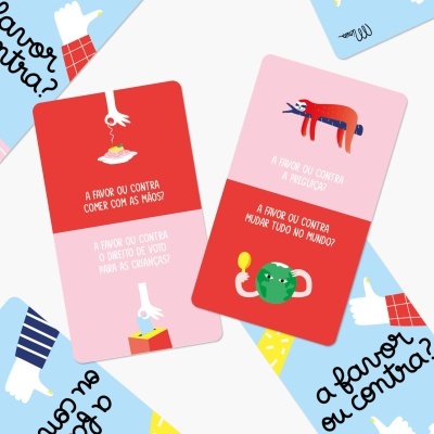 Cartas de jogo coloridas com perguntas em português e ilustrações simples.