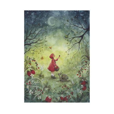 Ilustração de criança com capuz vermelho e gato à noite