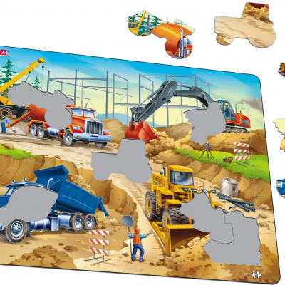 Quebra-cabeças infantil de madeira com veículos de construção