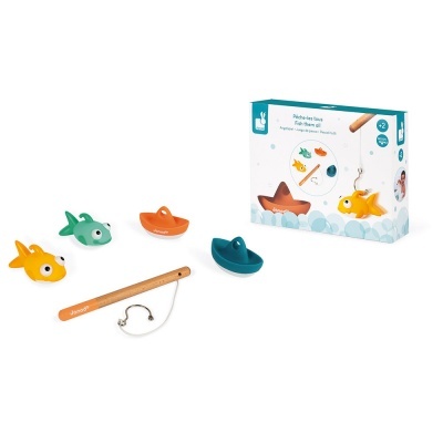 Conjunto de pesca de brinquedo com peixes coloridos e barquinhos em embalagem.