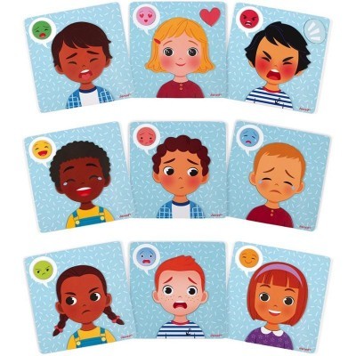 Cartões com desenhos de crianças e emojis representando diferentes emoções