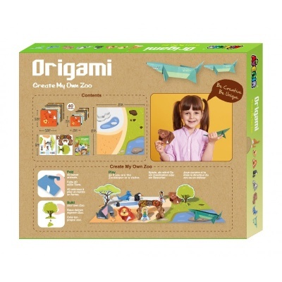 Embalagem do kit Origami Create My Own Zoo com animais em papel e criança segurando peças