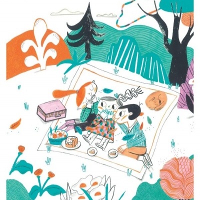 Ilustração de piquenique com três personagens e comida sobre uma manta branca num parque