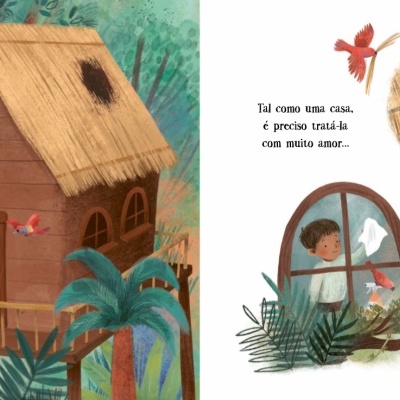 Casa de madeira em floresta com menino a pintar e texto em português com ilustrações de menino e homem a cuidar da casa