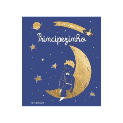 Capa de livro infantil azul com ilustração do Principezinho na lua e estrelas douradas