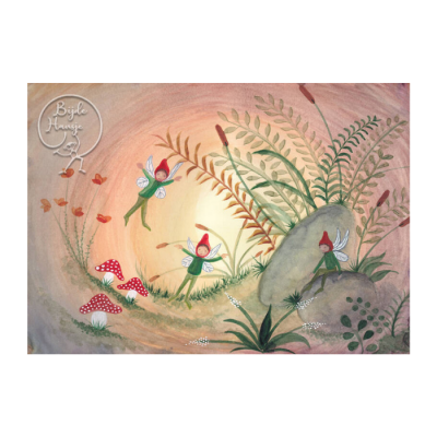 Ilustração de fadas num cenário campestre com cogumelos e plantas.