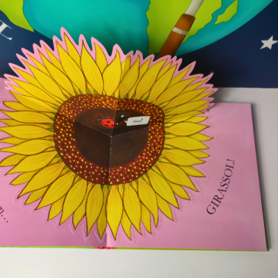 Livro infantil aberto com girassol pop-up amarelo e a palavra GIRASSOL!