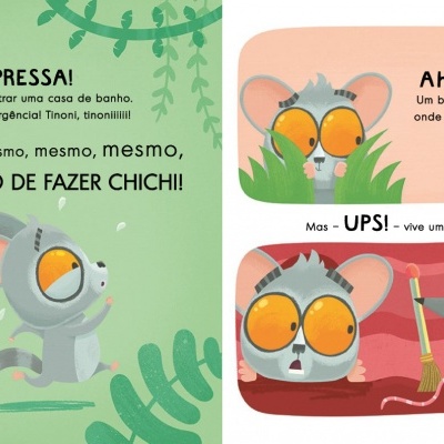 Ilustração colorida de rato cinzento em floresta e dentro de buraco, com texto em português