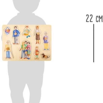 Quebra-cabeças de madeira colorido com figuras humanas e um cão