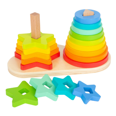 Brinquedo de empilhar em madeira colorido com figuras em estrela e círculo
