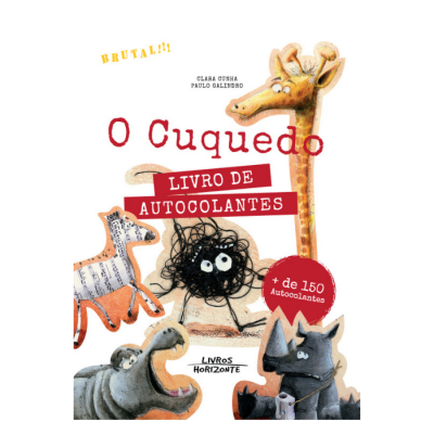 Capa do livro de autocolantes 'O Cuquedo' com várias ilustrações de animais e texto em vermelho.