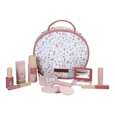 Conjunto de maquilhagem com necessaire floral e produtos em tons rosa