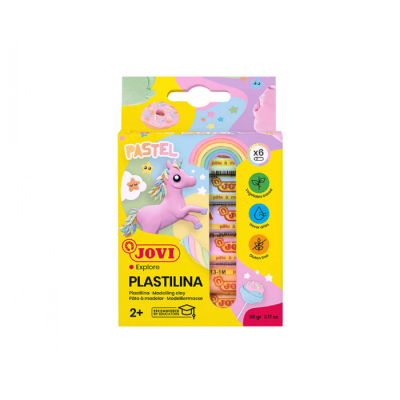 Embalagem colorida de plastilina JOVI Explore Pastel com desenho de unicórnio rosa e arco-íris