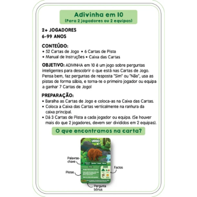 Instruções do jogo de cartas Adivinha em 10 com detalhes e exemplo de carta