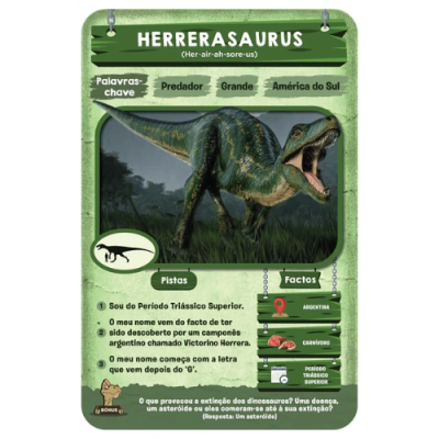 Cartaz educativo verde com imagem de dinossauro Herrerasaurus e texto em português