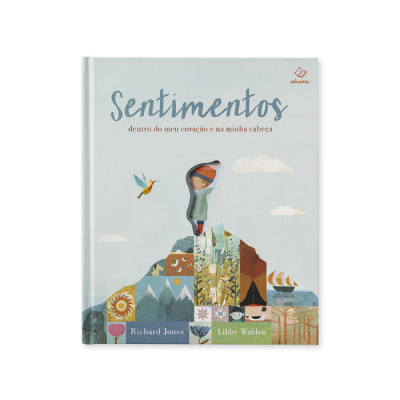Capa de livro Sentimentos com ilustração de criança e montanha colorida